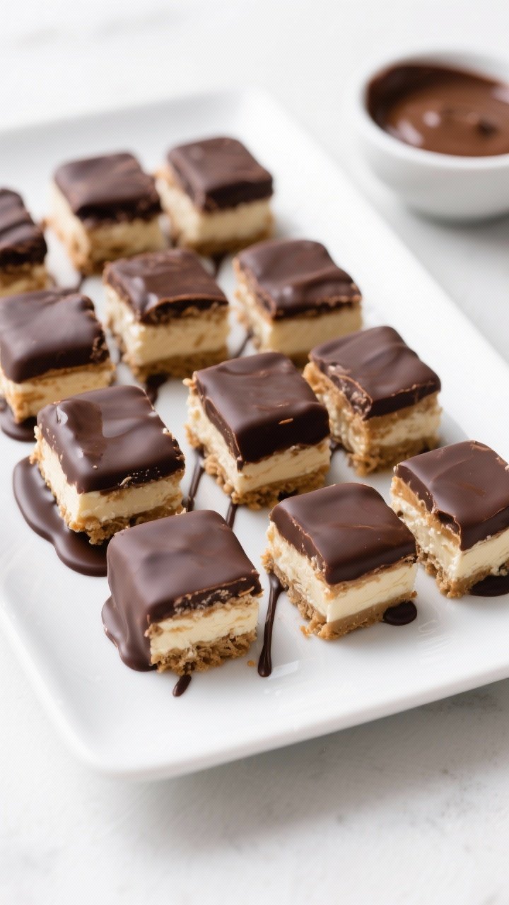 Overhead plated presentation of no-bake peanut butter cheesecake bites dipped in a thin chocolate shell: squares with a creamy filling of full-fat cream cheese, natural peanut butter, melted coconut oil, powdered erythritol, and vanilla, enrobed in a glossy dark chocolate coating. Some bites sliced to show the dense cheesecake interior against the crisp shell; neat rows on a white ceramic platter with chocolate drips, a small bowl of melted chocolate off to the side; bright, clean light for contrast and appetizing clarity.
