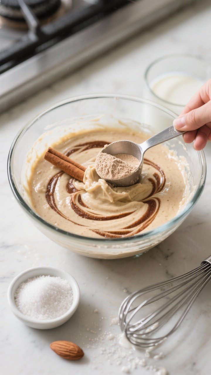 Overhead process shot for “Cinnamon Protein Mug Cake”: batter in a glass mixing bowl showing visible swirls of cinnamon and a scoop of vanilla protein powder partially folded in; measuring spoon with baking powder, a small dish of granulated keto sweetener, almond milk splash nearby, whisk resting on the rim. Neutral fitness-meets-comfort mood, clean gym-kitchen aesthetic, bright natural light, emphasis on protein powder scoop and cinnamon ribbons in the batter, no people.