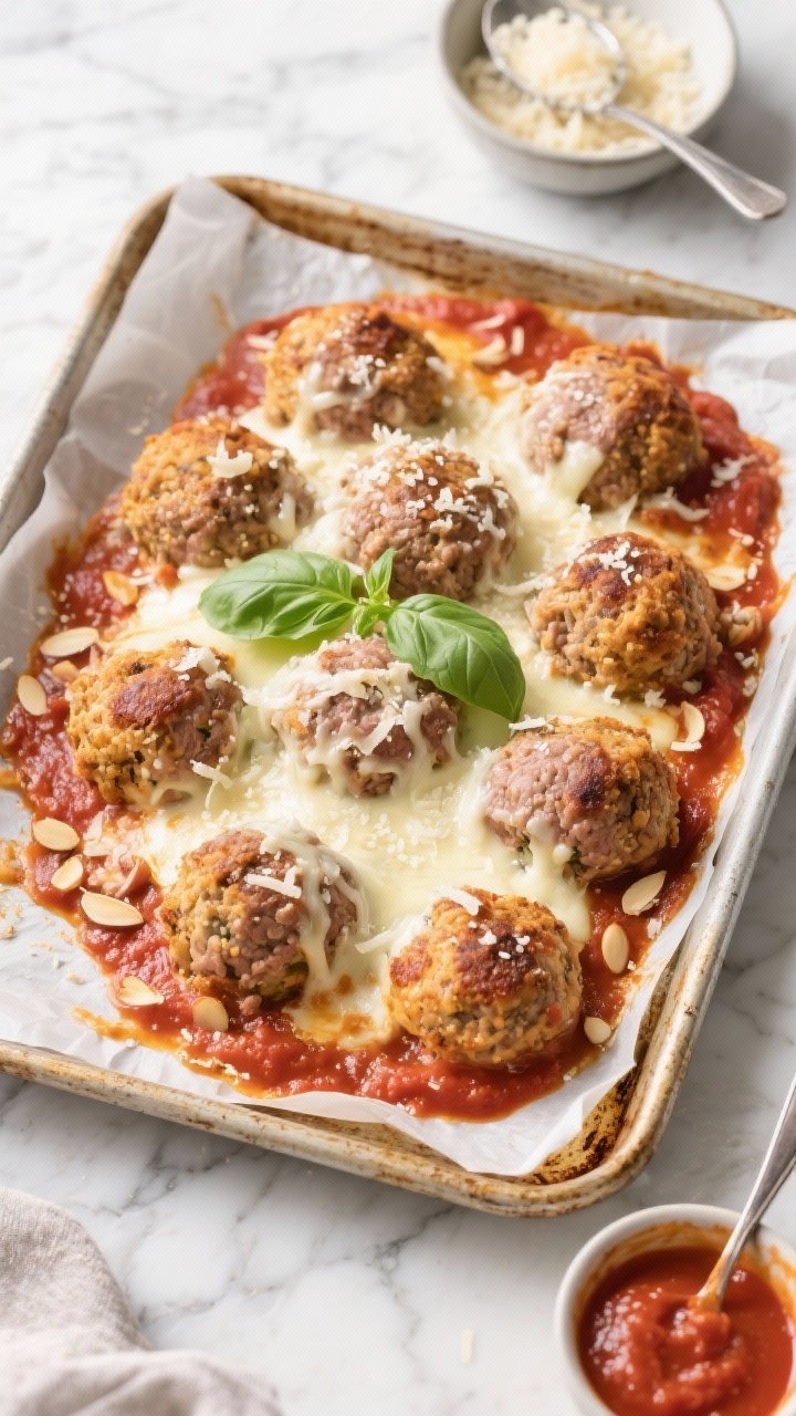 Overhead shot: A sheet pan lined with parchment holds golden-browned low-carb meatballs nestled in bubbling marinara, blanketed with melted mozzarella and a shower of finely grated Parmesan; visible textures of 80–85% lean ground beef and ground pork mix, flecks of minced garlic, almond flour crumb, and a glossy sheen from egg and heavy cream binders. Garnish with torn basil, set on a rustic baking tray with a small bowl of extra Parmesan and a spoon of marinara on a marble surface; crisp edges, gooey cheese pulls, warm Italian comfort mood.