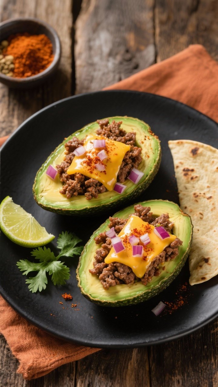 Overhead shot: Classic beef and cheddar taco-stuffed avocados on a matte black plate. Two large ripe avocado halves filled with browned 80/20 ground beef seasoned with chili powder, ground cumin, smoked paprika, garlic powder, and onion powder. Topped with melted sharp cheddar, a sprinkle of chili powder, and a few diced red onions for pop. Garnished with lime wedges and cilantro leaves. Background: rustic wooden table with a small bowl of spice blend and a warm tortilla-colored linen. High contrast, crisp textures, juicy beef crumbles, cheese pull visible, no people.