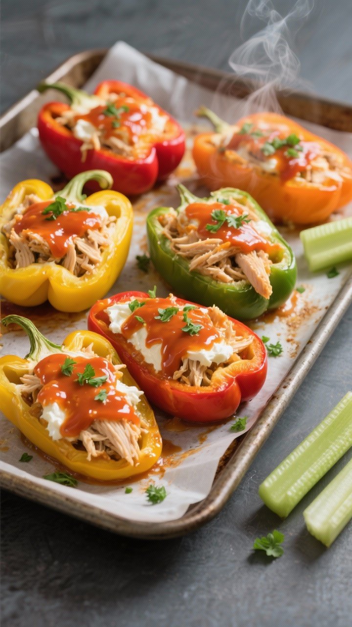 Overhead shot: Classic creamy buffalo chicken stuffed peppers just out of the oven on a parchment-lined sheet pan. Halved bell peppers in mixed colors (red, yellow, green, orange) filled with a luscious mix of shredded rotisserie chicken, medium-heat buffalo wing sauce, and melted cream cheese, with a glossy extra drizzle of buffalo sauce on top. Garnish with chopped parsley and a few celery sticks on the side for color contrast. Steam gently rising, gooey creamy texture visible, bright and punchy color palette, crisp pepper edges, professional studio lighting on a matte slate surface.