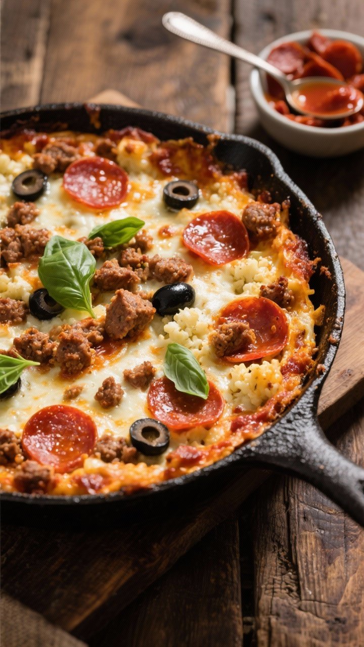 Overhead shot of a bubbling Classic Supreme Keto Pizza Casserole just out of the oven in a cast-iron skillet: browned Italian sausage crumbles, mini pepperoni cups slightly crisped, riced cauliflower base folded with low-sugar marinara, melted low-moisture mozzarella and scattered sliced black olives, a few torn basil leaves for color; golden, slightly charred cheese edges, glossy sauce peeking through, set on a rustic wooden table with a small bowl of extra pepperoni and a spoonful of marinara nearby; warm, cozy Friday-night mood, natural side light, no people.