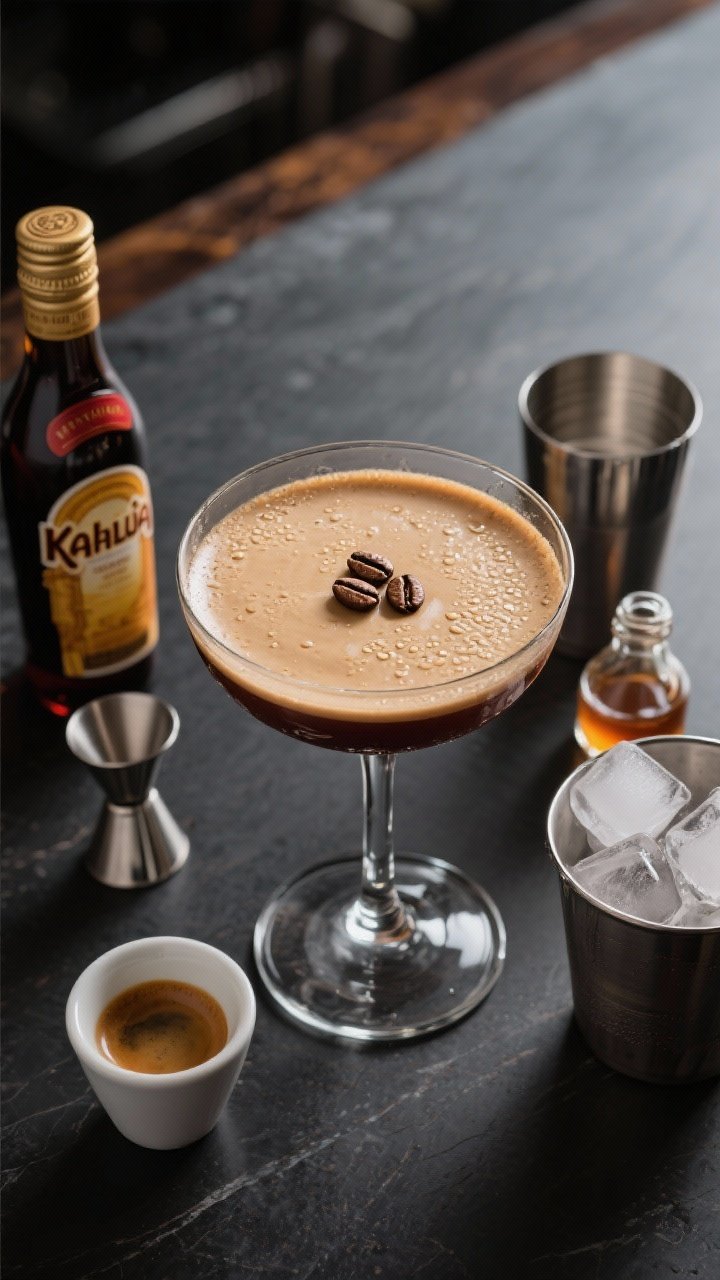Overhead shot of a Classic Espresso Martini just shaken and poured: a chilled coupe with a thick, velvety crema and exactly three coffee beans centered in a triangle. Visible condensation on the glass, deep mahogany-brown cocktail. Beside it: quality vodka bottle, a jigger, Kahlúa bottle cap, a demitasse cup of cooled freshly brewed espresso, simple syrup in a glass dropper bottle, and a metal shaker packed with fresh solid ice cubes. Styled on a dark matte bar surface with soft side light for glossy highlights, minimalist, sharp focus, professional food photography.