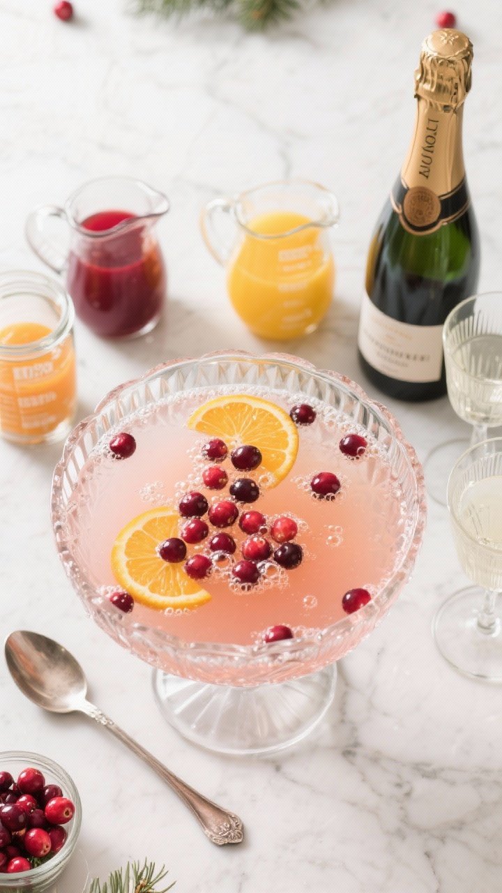 Overhead shot of a crystal punch bowl filled with a Classic Holiday Sparkler: pale-rose champagne punch with floating fresh cranberries and thin orange wheels, tiny bubbles rising. Surround with measured ingredients in small glass pitchers and jars—100% cranberry juice (unsweetened), cranberry juice cocktail (sweetened), freshly squeezed orange juice, simple syrup, and a small carafe of chilled brut champagne—styled on a white marble surface with a silver ladle and coupe glasses, holiday mood, crisp highlights, no people.