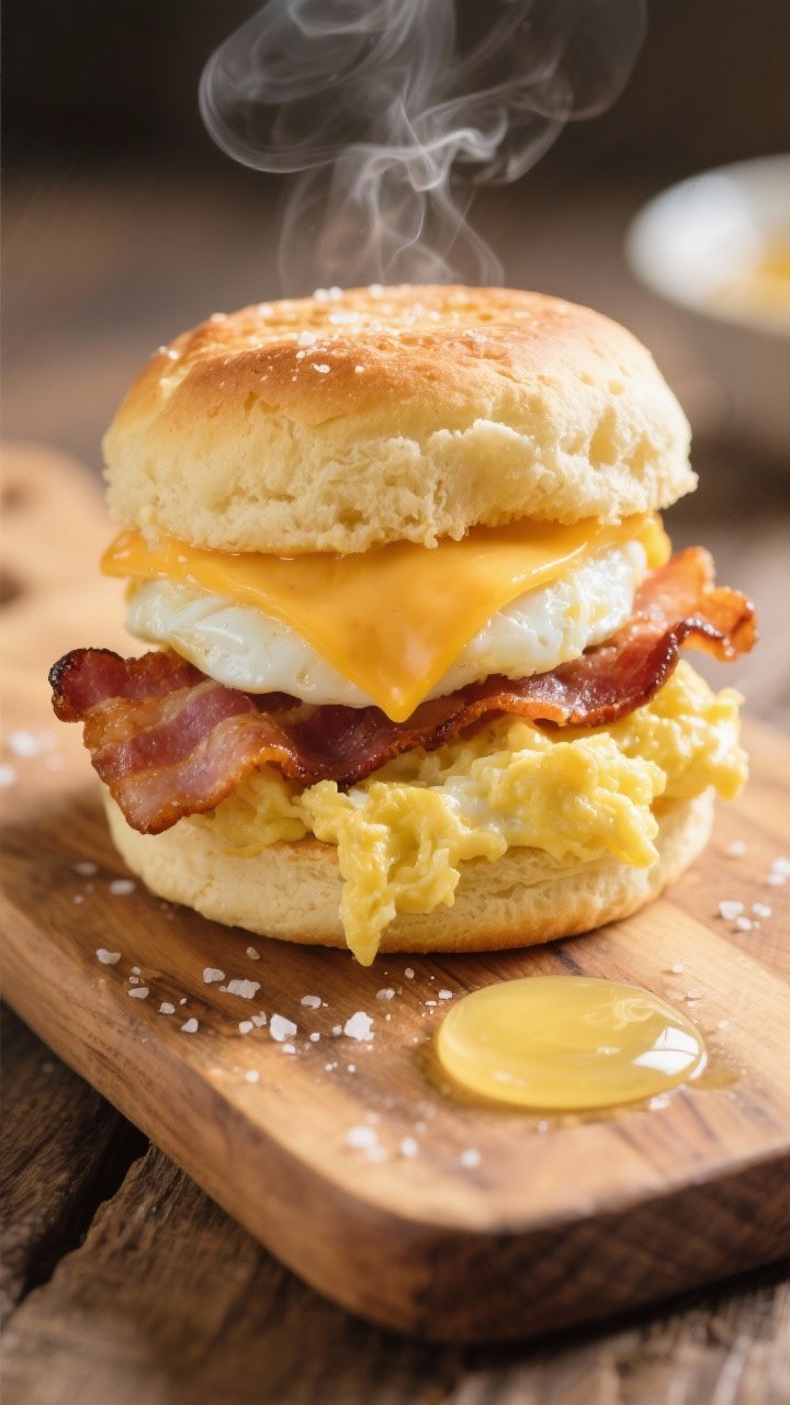 Overhead shot of a final plated keto cloud bread breakfast sandwich stack: fluffy golden cloud bread layers with thick-cut crispy bacon, a soft-scrambled egg cooked in butter with gentle curds, and a melted slice of sharp cheddar oozing at the edges; sprinkle of kosher salt visible on the egg, steam rising, on a warm rustic wooden board with a small pat of ghee melting nearby; bright morning light, shallow depth of field, appetizing glisten on the bacon, no people.