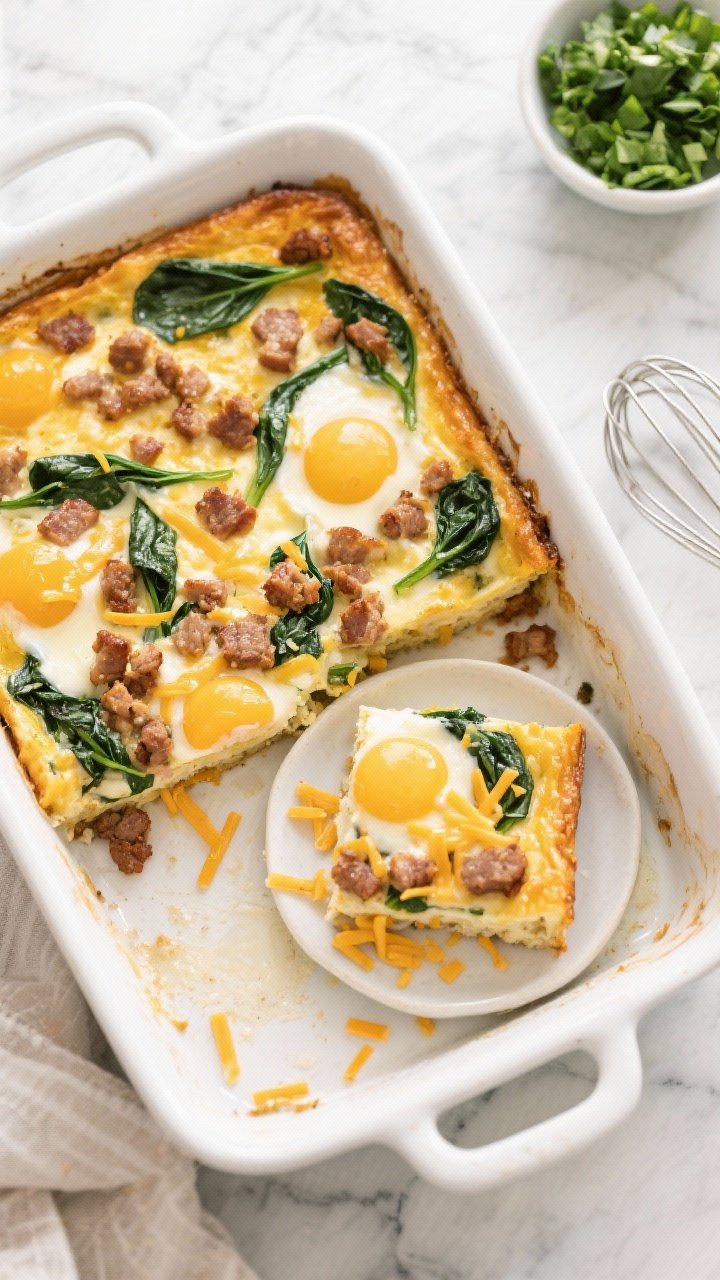 Overhead shot of a golden-brown keto breakfast casserole just out of the oven in a white enamel baking dish: visible browned pork breakfast sausage crumbles, ribbons of wilted fresh spinach, and pockets of melted sharp cheddar set in a custard of 10 eggs and heavy cream. Slice squares plated on a small side dish, with extra grated cheddar scattered on a marble surface, a whisk with egg drips, and a small bowl of chopped spinach nearby. Warm morning light, crisp focus, minimal props, no people.
