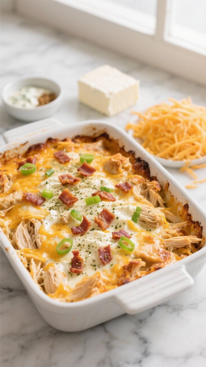 Overhead shot of a golden-brown keto crack chicken casserole just out of the oven in a white ceramic baking dish, creamy shredded chicken bound with softened cream cheese and sour cream, visibly speckled ranch seasoning, garlic powder, and melted cheddar bubbling around the edges; sprinkled with crisp bacon bits and sliced green onions on top; set on a marble surface with a small bowl of ranch mix, a block of cream cheese, and a heap of extra shredded cheddar nearby; warm, cozy weeknight mood, bright natural window light, no people.