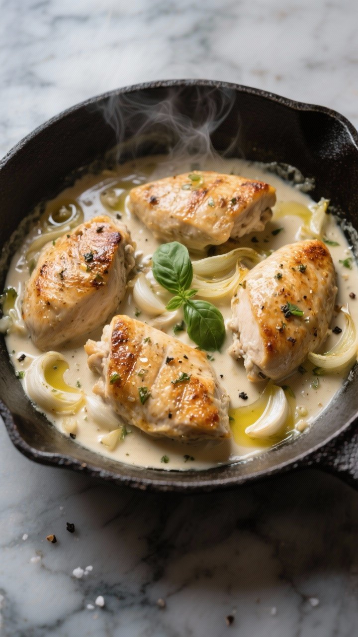 Overhead shot of a rustic cast-iron skillet on a marble surface with Creamy Tuscan Garlic Chicken: four small golden-seared chicken breasts nestled in a velvety cream sauce studded with minced garlic, flecks of Italian seasoning, and glossy ribbons of sautéed garlic; melted butter pooling around edges, a light drizzle of olive oil, and a sprinkle of kosher salt and cracked black pepper visible; garnished with a few torn basil leaves for color contrast; moody, cozy evening lighting with soft steam rising, no people.