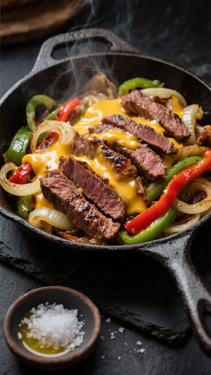 Overhead shot of a sizzling classic keto Philly cheesesteak skillet on a cast-iron pan: thinly sliced shaved ribeye or sirloin seared in avocado oil, ribbons of caramelized yellow onion, green and red bell pepper strips glistening, melted cheese-style finish with a glossy sheen (keto-friendly), steam rising, charred edges on the beef, set on a dark slate surface with a small dish of flaky salt and a drizzle of ghee nearby; high contrast lighting to highlight juicy beef and pepper textures, no bread in frame.