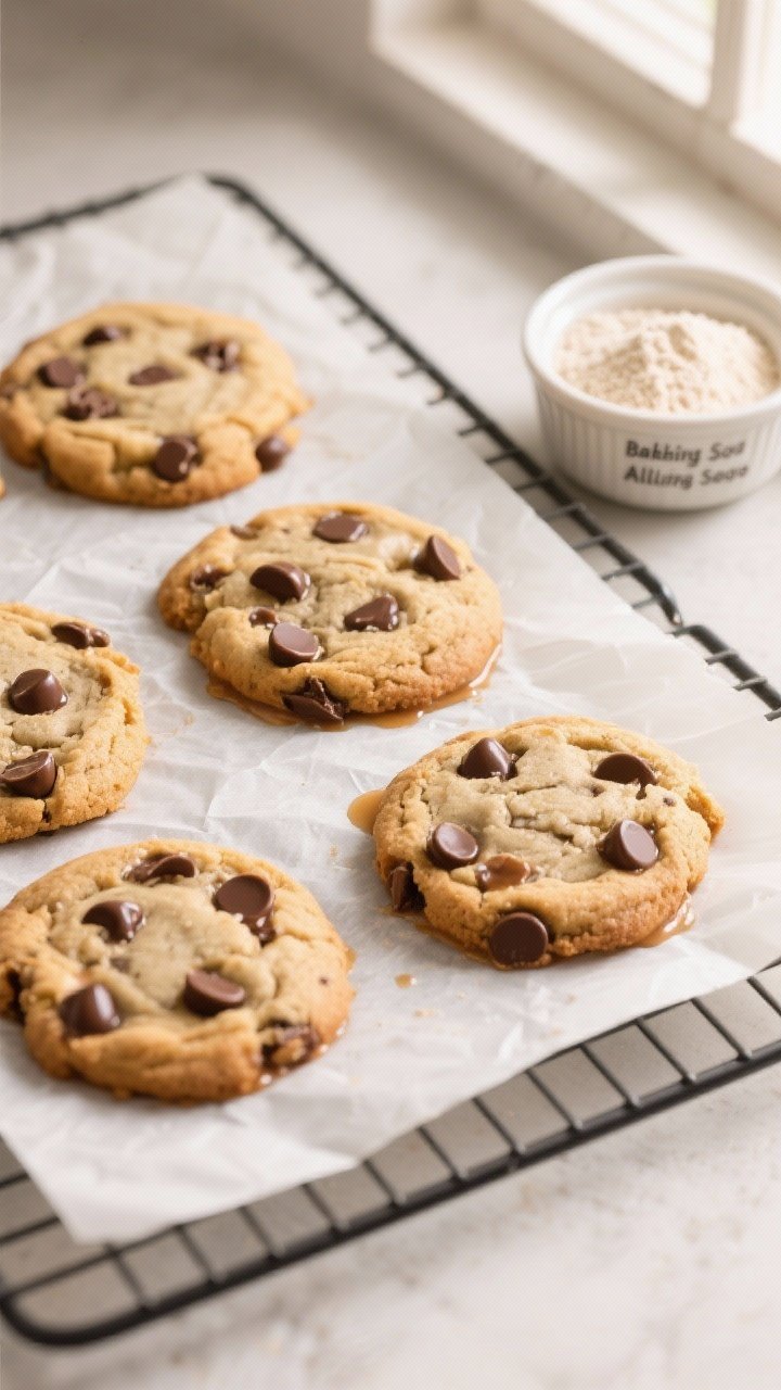 Overhead shot of classic bakery-style keto chocolate chip cookies just out of the oven on a parchment-lined sheet, showcasing golden edges with visibly gooey centers and melted sugar-free chocolate chips. Include a small bowl of blanched almond flour (finely ground), a ramekin of granulated erythritol/allulose baking blend, and a pinch bowl labeled baking soda off to the side. Warm, soft window light, minimal props, matte cooling rack, focus on melty chips and soft texture; no people.