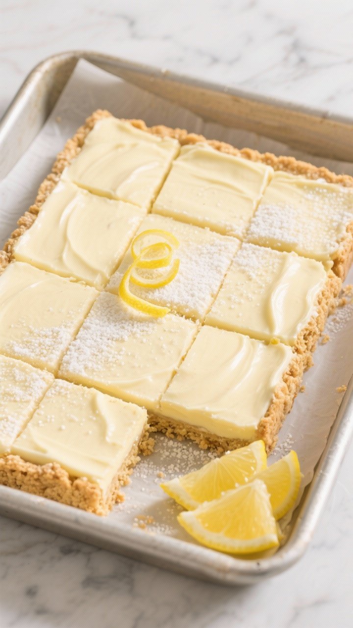 Overhead shot of Classic Bakery-Style Keto Lemon Cream Bars just cut into neat squares on parchment in a light metal baking pan: golden almond-flour shortbread crust made from fine almond flour, melted unsalted butter, powdered allulose, fine sea salt, and vanilla, topped with a pale lemon cream layer with glossy sheen; a dusting of powdered allulose “sugar” on top, thin lemon zest curls, and a few lemon wedges at the corner. Neutral marble surface, soft morning light, crisp shadows, focus on the melt-in-your-mouth crumb and creamy texture, no people.