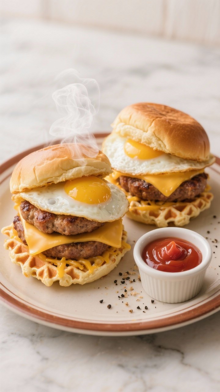Overhead shot of Classic Diner Sausage & Cheddar Breakfast Sliders: two golden mini cheddar chaffles (egg, shredded cheddar, almond flour optional, baking powder) as buns, stacked with sizzling breakfast sausage patties, a soft-folded fried egg, and a melty layer of sharp cheddar, steam rising. Styled on a warm diner-style plate with a small ramekin of sugar-free ketchup and a sprinkle of black pepper. Focus on the crisp, lacy cheddar edges of the chaffles and the juicy sausage texture; neutral marble surface, soft morning light, shallow depth of field for an inviting, classic diner mood.