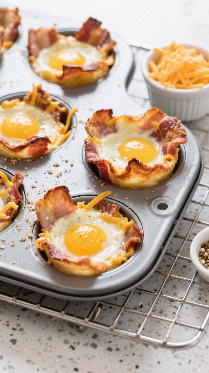 Overhead shot of classic diner-style bacon egg cups just out of the oven in a nonstick muffin tin: thick-cut bacon forming crisped, wavy walls, golden set eggs enriched with heavy cream, melted shredded cheddar bubbling at the edges, a light dusting of garlic powder, onion powder, and kosher salt visible on the glossy surface; a few cups sliced open to show custardy yolk and gooey cheese; styled on a chrome cooling rack over a speckled enamel sheet, with a small ramekin of shredded cheddar and a pinch bowl of seasonings nearby; bright, clean lighting for a nostalgic diner feel, high contrast, ultra-sharp detail.
