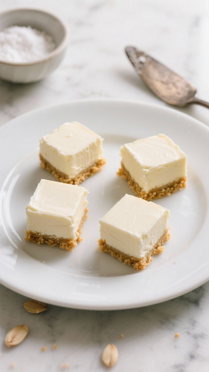 Overhead shot of Classic New York–style keto cheesecake bites on a matte white plate: neat squares with a golden almond flour crust (1 1/2 cups blanched almond flour, 3 tbsp powdered erythritol or allulose, 1/4 tsp fine sea salt, 5 tbsp melted unsalted butter) and a smooth, pale ivory cream cheese layer (16 oz full‑fat cream cheese, powdered sweetener) with clean, sharp edges. Style on a cool marble surface with a small bowl of powdered sweetener dusted nearby and a vintage offset spatula. Neutral tones, soft window light, minimal props to emphasize the dense, creamy texture and classic vibe, 45-degree angle detail emphasis on the tight crumb of the crust.