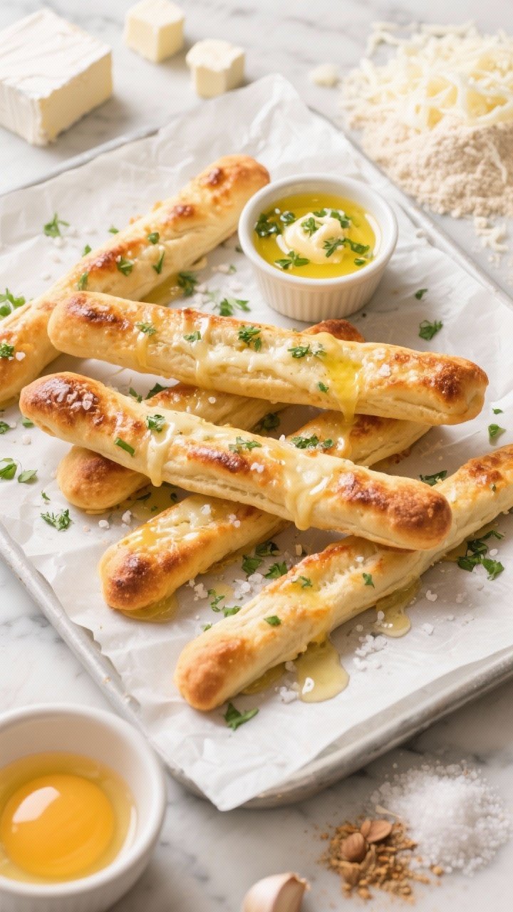 Overhead shot of Classic Pizzeria Garlic Breadsticks fresh from the oven on a parchment-lined sheet, brushed with glossy herby butter. Show golden fathead dough sticks with a slight blistered cheese sheen, sprinkled with finely chopped parsley and sea salt flakes. Include a small ramekin of melted herbed butter with minced garlic, and visible ingredients off to the side: a mound of super-fine almond flour, shredded low-moisture mozzarella, cream cheese cubes, a beaten egg in a small bowl, and a pinch pile of baking powder, sea salt, and garlic powder. Clean marble surface, warm Italian pizzeria mood, crisp, appetizing texture detail.