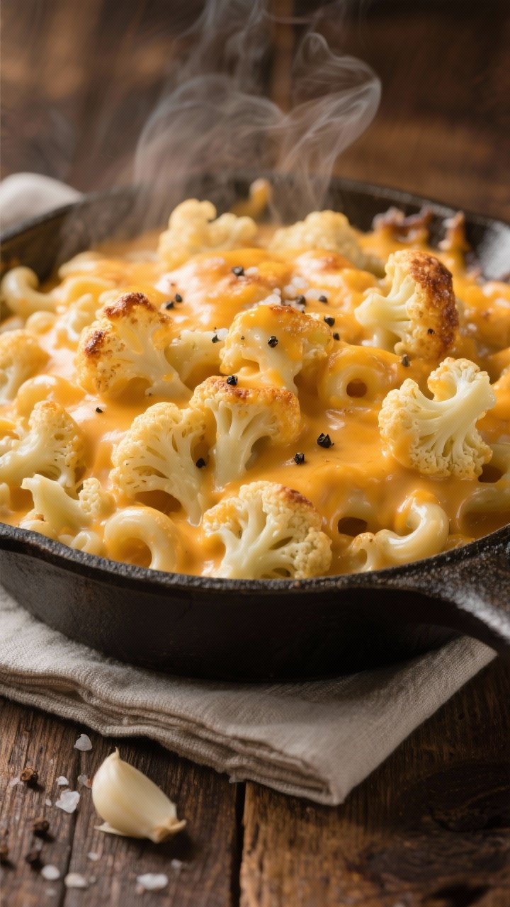 Overhead shot of Classic Tavern-Style Cheddar “Mac” made with tender cauliflower florets coated in a glossy cheddar cream sauce: small cauliflower florets blanched in salted water, then folded into butter, minced garlic, and heavy cream reduced to a velvety, bubbling cheese sauce. Serve in a cast-iron casserole with browned, cheesy edges, a light sprinkle of black pepper and sea salt, steam rising. Warm tavern mood, rustic wooden table, neutral napkin, shallow depth of field for creamy texture emphasis.