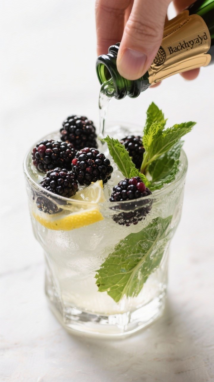 Overhead shot of the Backyard Blackberry Prosecco Smash being assembled: a clear rocks glass with 6 fresh blackberries and 6–8 mint leaves lightly muddled with 1 oz fresh lemon juice and