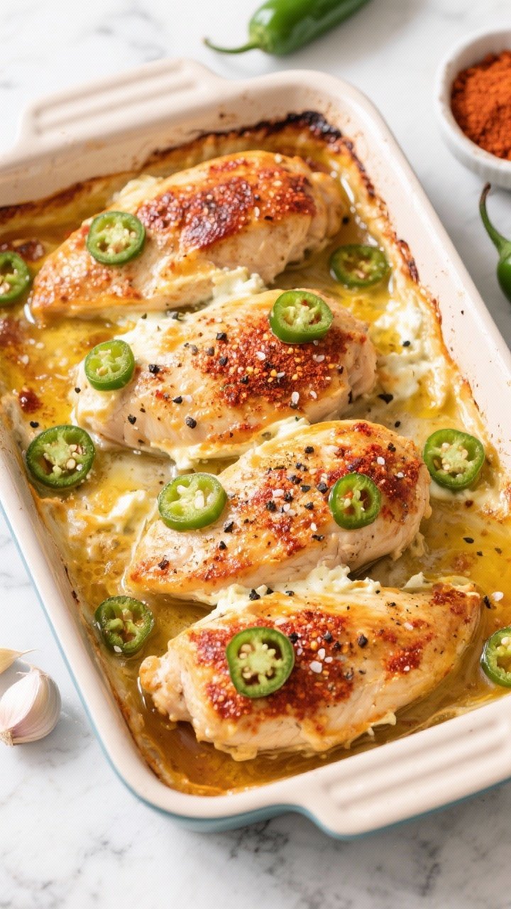 Overhead shot of the Weeknight Classic Keto Jalapeño Popper Chicken Bake fresh from the oven: four seasoned boneless skinless chicken breasts nestled in a baking dish, glistening with olive oil and a spice crust of kosher salt, black pepper, garlic powder, and smoked paprika. Golden, bubbly cream cheese and sliced jalapeños scattered on top, edges slightly caramelized. Styled on a marble surface with a small bowl of smoked paprika, garlic powder, and whole jalapeños nearby; clean, minimal props, bright natural side light emphasizing the paprika-red tones and creamy texture, no people.