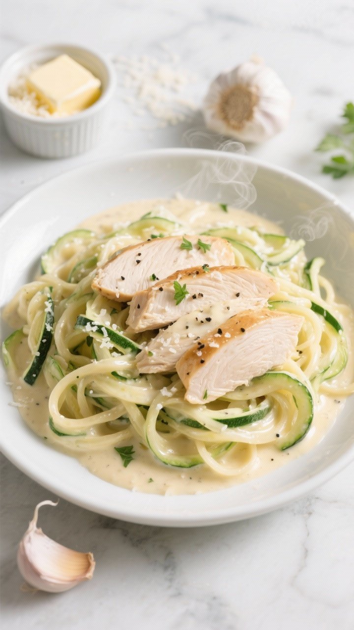 Overhead shot of Ultimate Creamy Classic Chicken Alfredo Zoodles: a shallow white bowl piled with glossy zucchini noodles topped with thinly sliced seared chicken breast, cloaked in a silky Alfredo sauce made from butter, minced garlic, heavy cream, and freshly grated Parmesan; tiny flecks of black pepper and a light sprinkle of chopped parsley for color. Set on a light marble surface with a small ramekin of grated Parmesan, a pat of butter, and a garlic bulb in frame; steam faintly visible, high-key natural light, crisp focus on the creamy texture and sheen of the zoodles.
