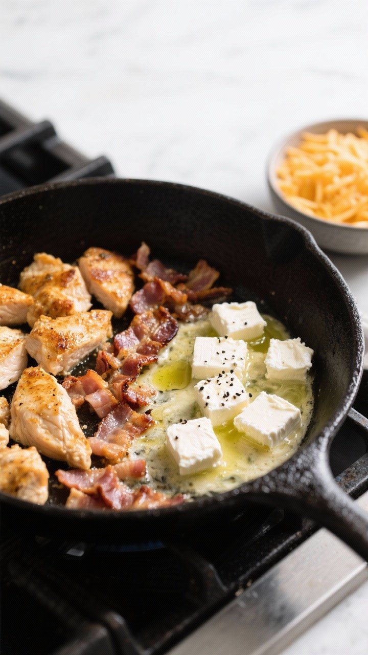 Overhead skillet action shot of one-pan stovetop crack chicken: chopped bacon rendering and crisp in one half of a black skillet, small diced chicken breast searing golden on the other, seasoned with kosher salt and black pepper; cubed cream cheese ready to melt in the center, a small drizzle of avocado oil glistening; grated cheddar in a prep bowl off to the side; minimal, modern kitchen backdrop, high-contrast natural light to emphasize textures.