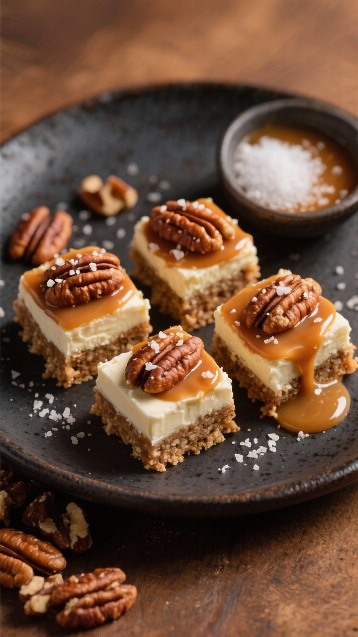 Plated, bakery-style presentation of salted caramel pecan bites: 45-degree angle of square bites featuring a nutty base (1 cup finely chopped pecans, 1/2 cup almond flour, 3 tbsp powdered sweetener, 4 tbsp melted butter), a thick cream cheese layer (12 oz cream cheese, 1/2 cup powdered sweetener), and a luscious salted caramel drizzle crowned with toasted pecan pieces. Sea salt flakes sparkle on top. Set on a dark ceramic plate with a small dish of flaky salt and a pool of caramel nearby; warm, amber-toned lighting to highlight glossy caramel and crunchy pecans, emphasizing contrast in textures.