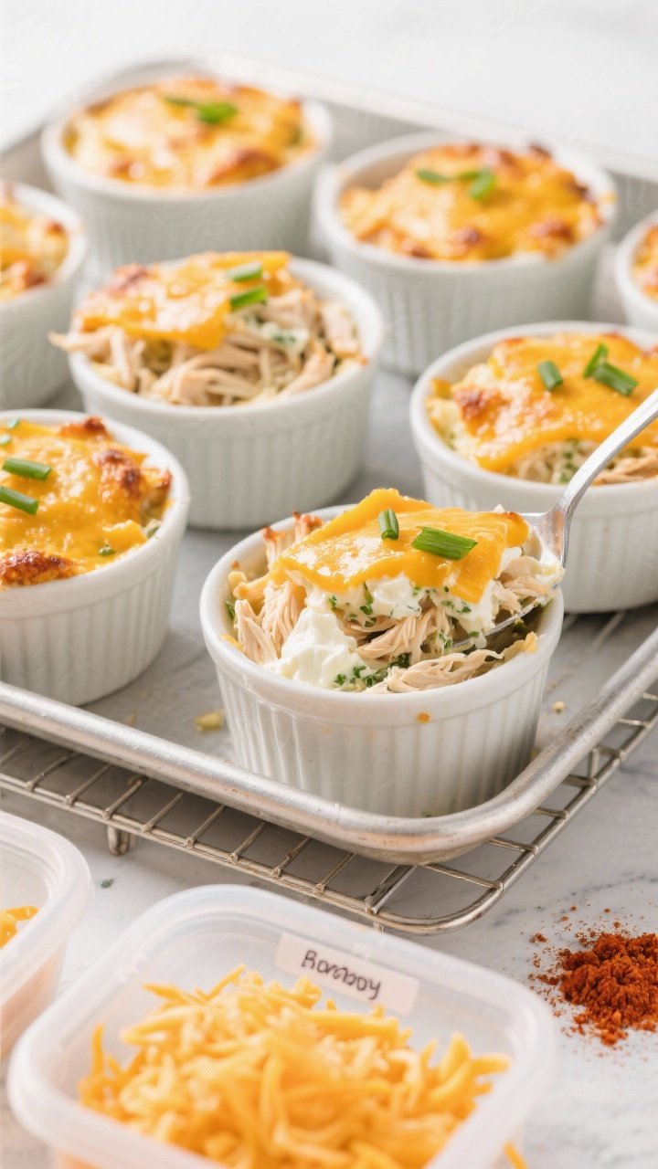 Plated meal-prep scene, 45-degree angle: a tray of individual mini casseroles in small ramekins with crispy, deeply golden cheddar tops; inside, shredded chicken mixed with room-temp cream cheese, sour cream, ranch seasoning, garlic powder, and a hint of paprika, visible where one ramekin has a spoonful taken out showing creamy interior versus crunchy cheese lid; garnished with finely sliced chives; arranged on a wire rack with labeled meal-prep lids, extra shredded cheddar and a pinch of paprika nearby; bright, organized studio light for a fresh, ready-for-the-week feel.