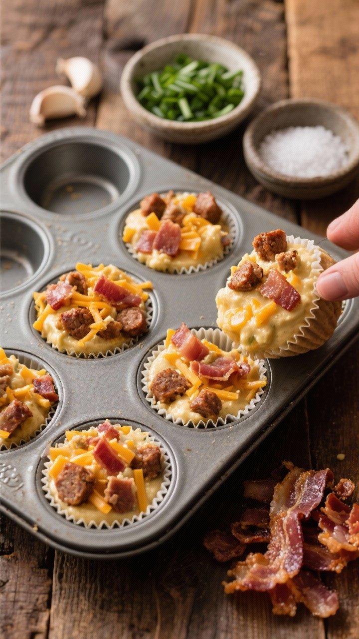 Process-focused overhead shot of Smoky Bacon, Sausage & Gouda muffin batter being portioned into a lined muffin tin. The raw mixture clearly shows chopped thick-cut bacon, browned breakfast sausage bits, and shredded smoked Gouda marbled through the creamy egg base. Nearby are bowls of chopped chives, garlic powder, and kosher salt, plus a small pile of crisp bacon pieces ready for topping. Warm, rustic wooden surface, natural side light highlighting the smoky, savory ingredients.