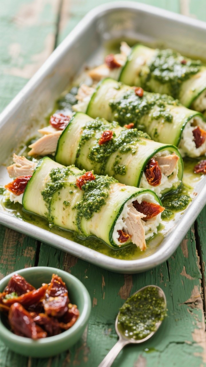Straight-on baking dish scene of Pesto Chicken Roll-Ups with Sun-Dried Tomatoes: zucchini ribbons filled with ricotta, shredded cooked chicken, and chopped sun-dried tomatoes, rolled and coated in a silky basil pesto loosened with light cream. Visible specks of pesto cling to the rolls; a drizzle of extra pesto on top for shine. Include a small bowl of sun-dried tomatoes and a spoon with pesto in the foreground. Rustic wooden surface, bright green tones emphasized, clean, professional styling.