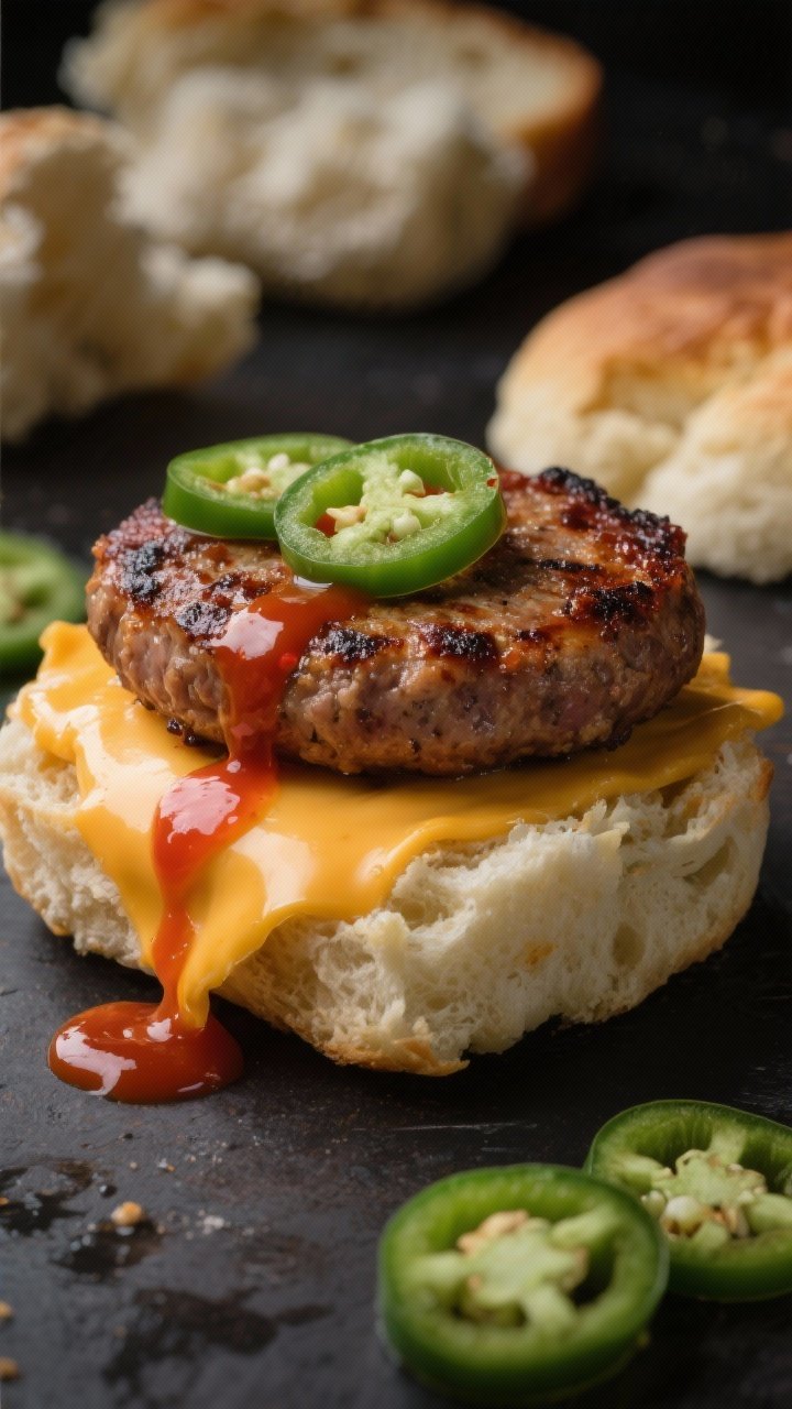 Straight-on close-up action shot of a spicy breakfast build: cloud bread base topped with a seared breakfast sausage patty (charred edges, juicy interior), melted pepper jack cheese draping over the sides, and thin jalapeño slices (seeds removed) layered on top; a glossy drizzle of sugar-free hot sauce pooling slightly; background shows additional cloud bread pieces and sliced jalapeños; high-contrast, moody lighting to emphasize heat and melted cheese pull.