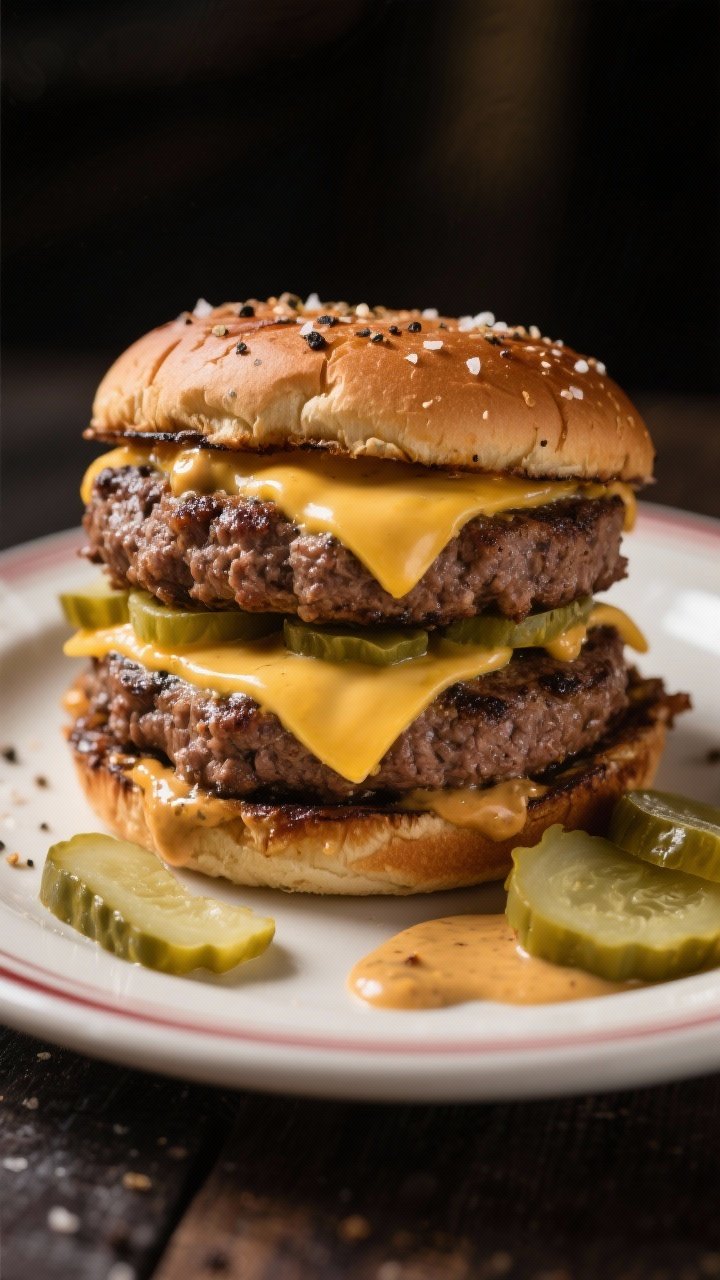 Straight-on close-up of Double-Double Smash Portobellos: two ultra-thin smashed beef patties (80/20) per cap, edges lacy and crisp, seasoned with kosher salt, black pepper, garlic powder, and brushed with Dijon mustard, layered with two slices of American cheese melting down the sides; nestled inside broiled portobello “buns,” finished with tangy burger sauce and crunchy pickle chips prominently visible; placed on a small diner plate with a few extra pickle chips and a smear of sauce; dramatic side lighting to catch the cheese melt and seared crust, tight composition for maximum indulgence.