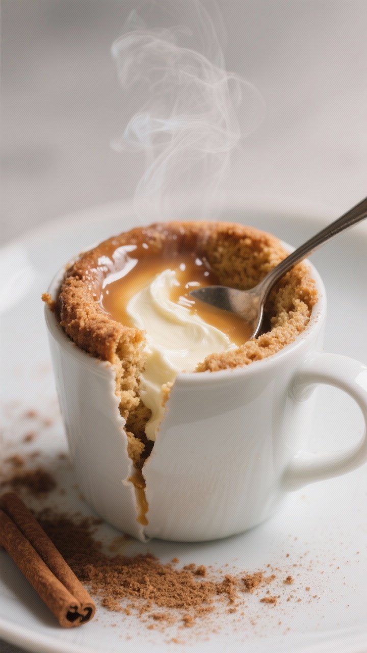 Straight-on close-up of “Gooey Cream Cheese–Filled Mug Cake”: a white ceramic mug split open with a spoon to reveal a molten cream cheese center oozing through tender cinnamon-speckled crumb, glossy sugar-free glaze barely dripping down the rim. Shot at 45mm equivalent, shallow depth of field emphasizing the gooey filling, warm bakery vibes, cinnamon dusting on the plate, subtle steam rising, matte background to keep focus on the rich cream cheese core, no hands.