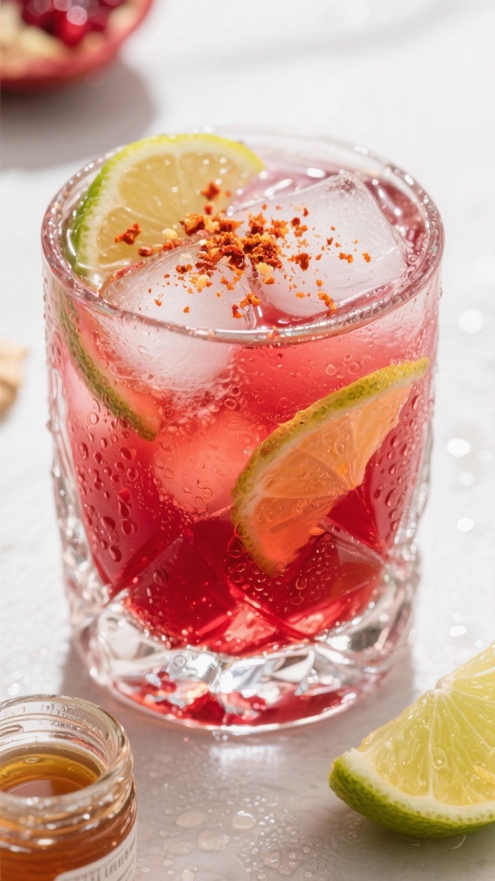 Straight-on close-up of the Spicy Ginger Pomegranate Sparkler (Zero-Proof) mid-prep: a clear rocks glass filled with ice, a vivid crimson blend of 100% pomegranate juice and fresh lime juice being topped with ginger syrup; tiny flecks of grated fresh ginger visible, a dusting pinch of cayenne on the surface adding a subtle fiery hue; lime wedge and a small jar of ginger syrup nearby, condensation beading on the glass; bright, zesty lighting with crisp reflections to convey freshness and heat without alcohol.