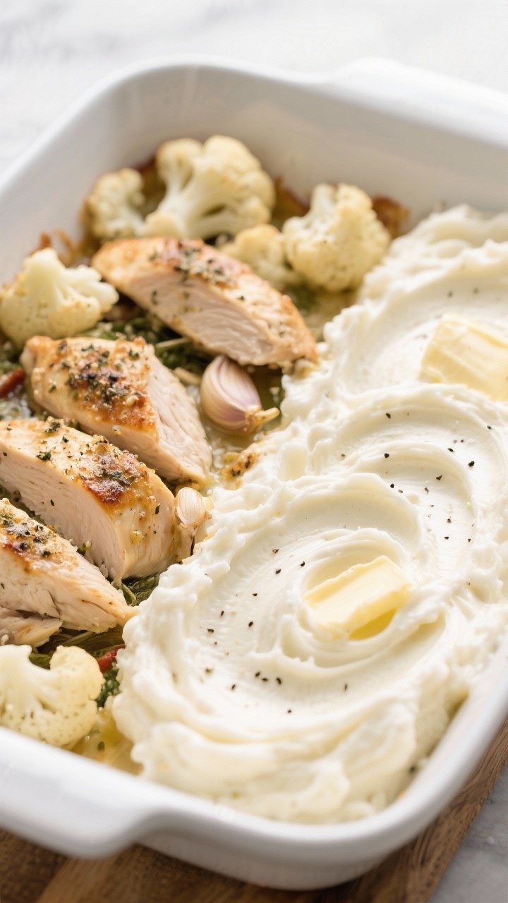 Straight-on, cozy casserole dish presentation for Meal-Prep Tuscan Garlic Chicken Bake With Cauliflower Mash: a white baking dish half-filled with ultra-smooth cauliflower mash (butter, sour cream, salt, black pepper) swirled into soft peaks, alongside juicy baked chunks of seasoned chicken breast (about
