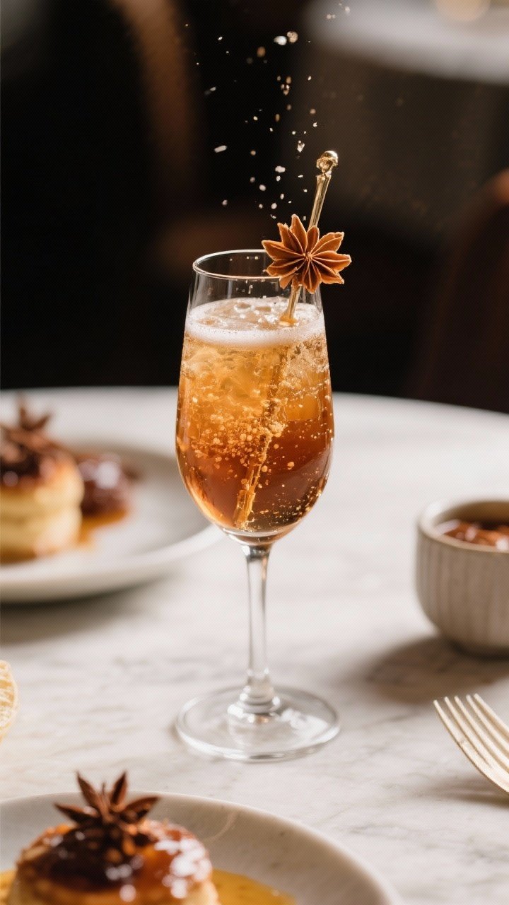 Straight-on cozy-chic scene of a Maple-Bourbon Sparkler: a coupe filled with