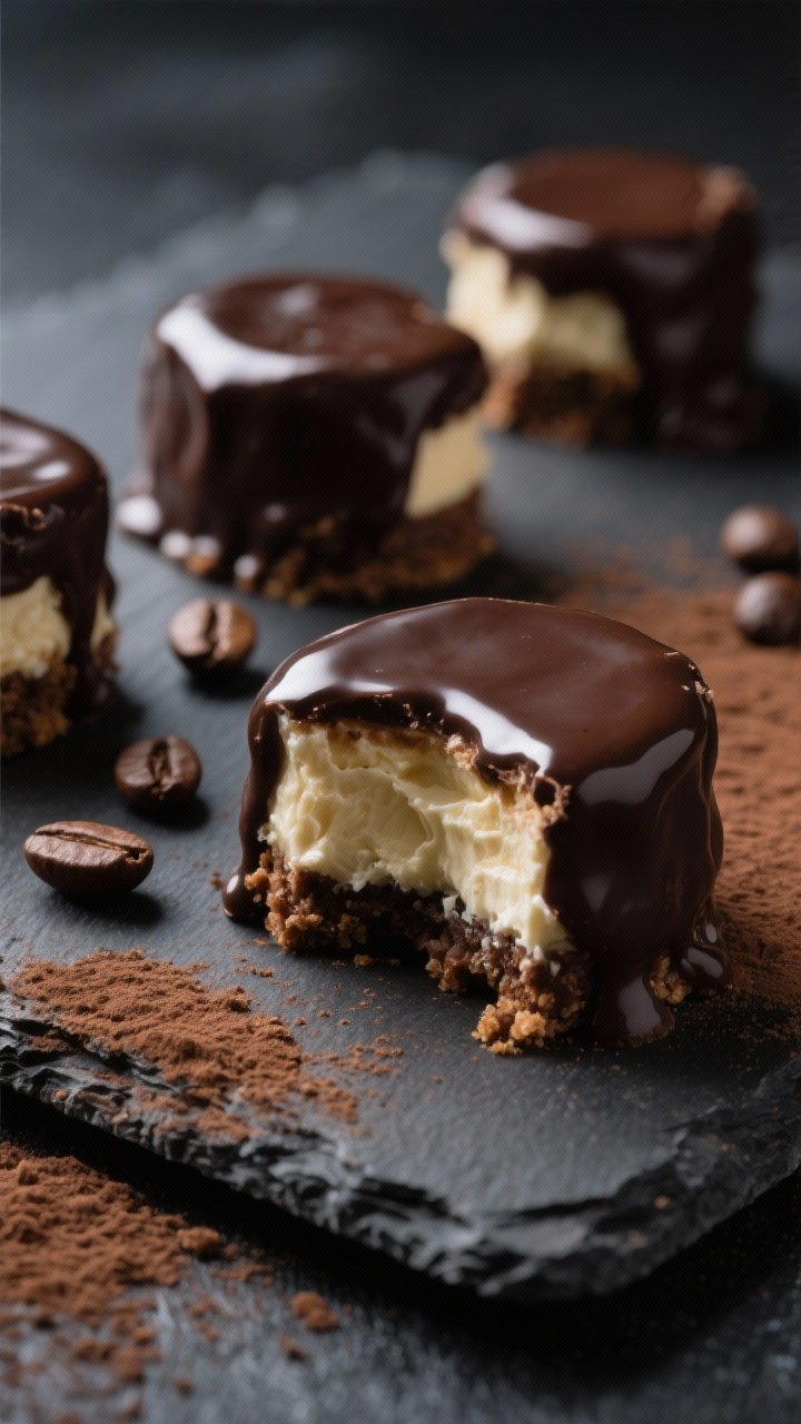 Straight-on, dramatic close-up of chocolate-dipped mocha cheesecake bites: dark almond-cocoa crust (1 cup almond flour, 2 tbsp unsweetened cocoa, 4 tbsp melted butter, 3 tbsp powdered sweetener) topped with a mocha cream layer (12 oz cream cheese, 1/2 cup powdered sweetener, espresso/coffee flavor implied) partially dipped in glossy dark chocolate. Arrange on a slate board with cocoa powder dusting and espresso beans scattered for mood; one bite cut to reveal creamy interior and tight crust. Rich, moody lighting with soft falloff, focus on sheen of chocolate and the contrast of matte cocoa.