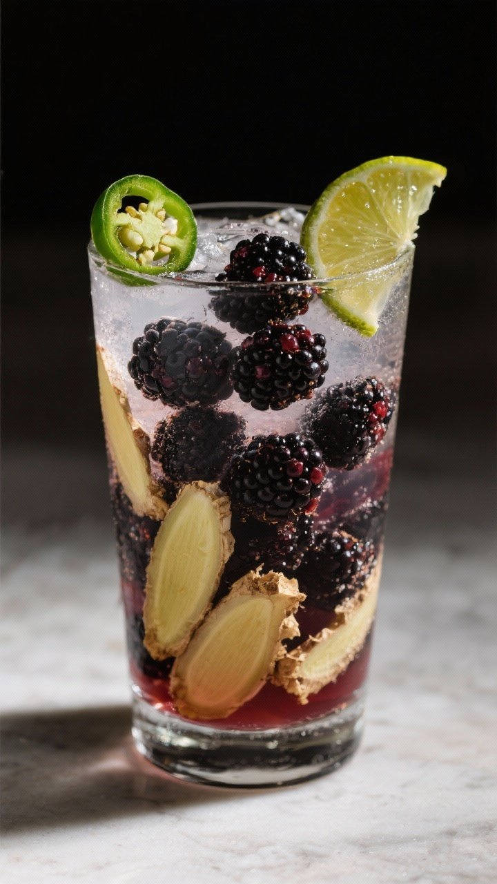 Straight-on, dramatic close-up of the Spicy Ginger-Blackberry Prosecco Smash: a collins glass packed with 6 crushed blackberries, 3–4 thin slices of fresh ginger visible along the glass, a small slice of jalapeño (seeds removed) perched on the rim, 1 oz fresh lime juice and