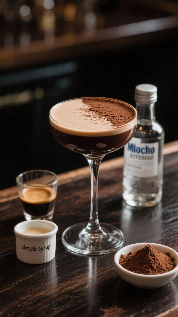 Straight-on dramatic shot of a Mocha Espresso Martini that emphasizes chocolate: coupe filled with rich, darker mocha-brown liquid, faint cocoa dusting across one side of the crema. Ingredients arranged in a minimal bar scene: vodka, coffee liqueur, dark crème de cacao, cooled espresso in a small glass, a tiny ramekin labeled “simple syrup” (optional), and a pinch bowl with unsweetened cocoa powder. Glossy chocolate notes highlighted with directional rim light, dark wood bar, crisp reflections, indulgent yet balanced mood.