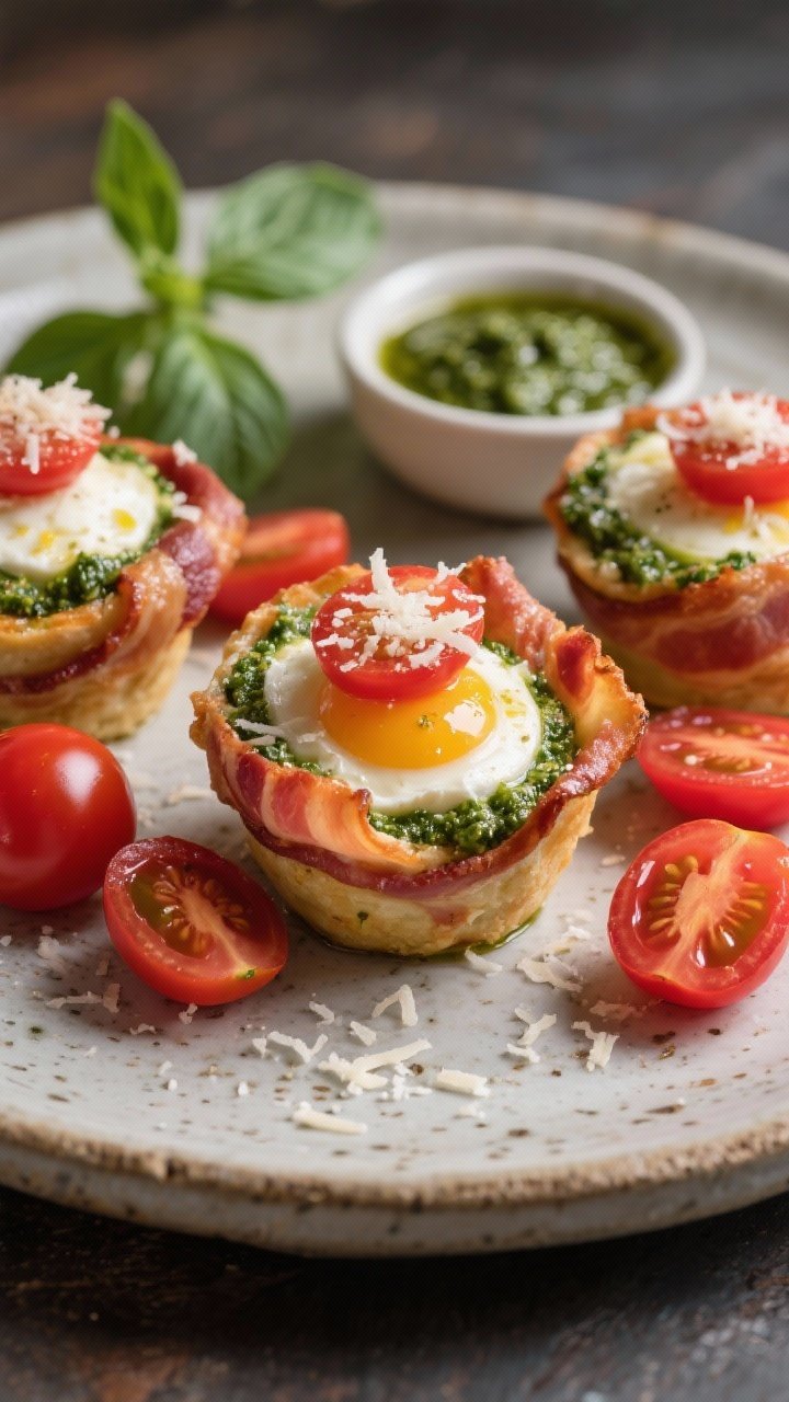 Straight-on, final plated Pesto Caprese Bacon Cups: bacon-wrapped egg cups swirled with basil pesto, oozing low-moisture mozzarella, and studded with juicy quartered cherry tomatoes; a light snowfall of grated hard cheese on top, basil oil glistening; presented on a rustic stoneware platter with extra pesto in a small dish and a few halved cherry tomatoes; vibrant red-green contrast, glossy highlights on mozzarella, clean, modern styling with crisp focus.