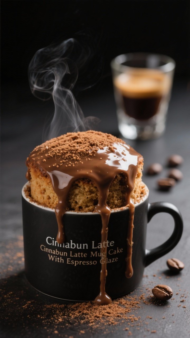 Straight-on hero shot of “Cinnabun Latte Mug Cake With Espresso Glaze”: mug cake perched in a matte black mug, thick espresso glaze cascading down with fine cinnamon dust and micro-bubbles from the coffee. Espresso shot glass and a few coffee beans in soft blur behind, high-contrast chiaroscuro lighting to evoke café ambiance, warm brown tones, sharp focus on glossy glaze texture and tight crumb, steam subtly rising to suggest fresh pull.