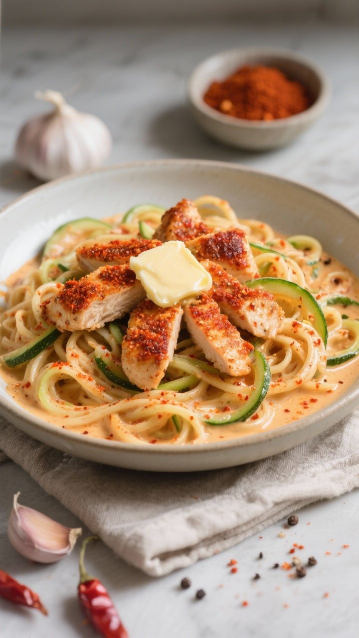 Straight-on hero shot of Spicy Cajun Chicken Alfredo Zoodles: a wide, shallow bowl featuring spirals of zucchini noodles coated in a creamy Alfredo infused with Cajun seasoning, topped with bronzed, spice-crusted chicken strips. Visible red-orange paprika tones, specks of chili, and cracked pepper on the sauce; a pat of melting butter sheen on top. Styled with a small bowl of Cajun spice blend, garlic cloves, and a linen napkin; vibrant contrast, punchy colors, and a slight vignette to emphasize heat and creaminess.