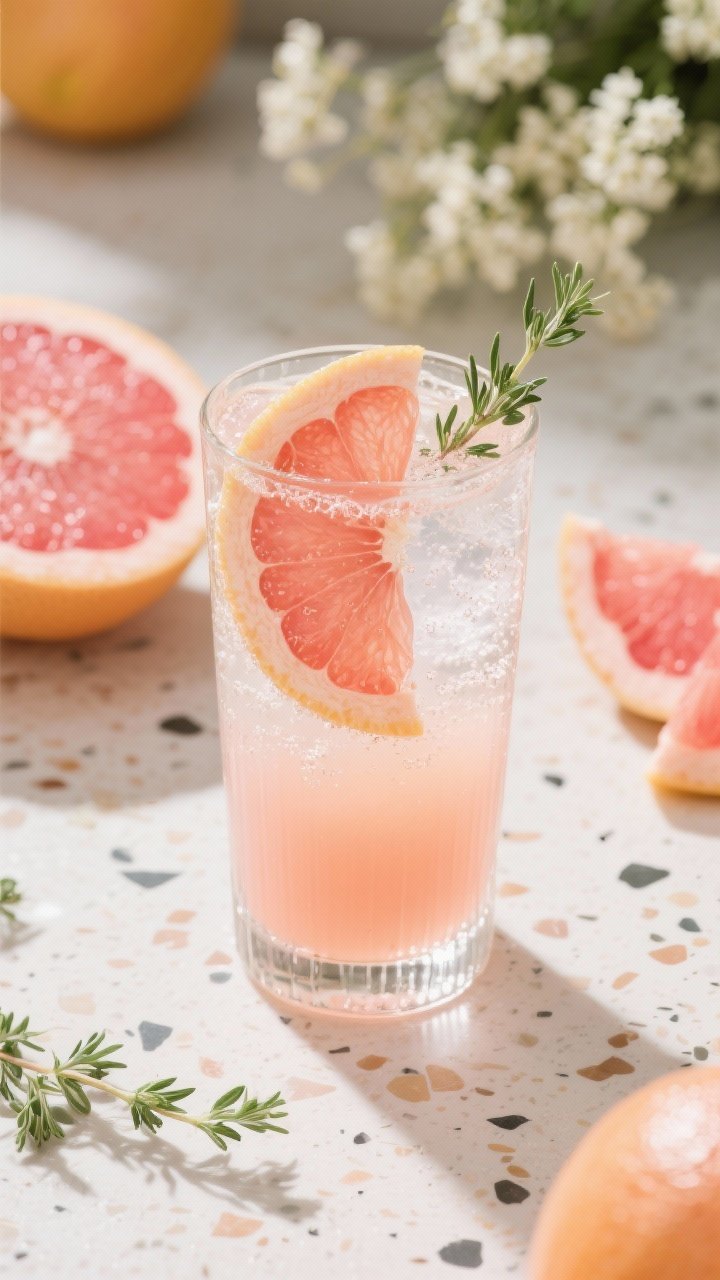 Straight-on hero shot of the Citrus Grove Elderflower Spritz: a tall, crystal-clear Collins glass with chilled sparkling wine, elderflower liqueur, fresh pink grapefruit juice, and soda water, showing a soft coral gradient; a thin grapefruit wheel tucked inside the glass (or a long peel twist draped over the rim) and a small fresh thyme sprig as garnish; set against a citrus-forward scene with halved pink grapefruits and scattered thyme on a light terrazzo surface, bright, zesty mood.