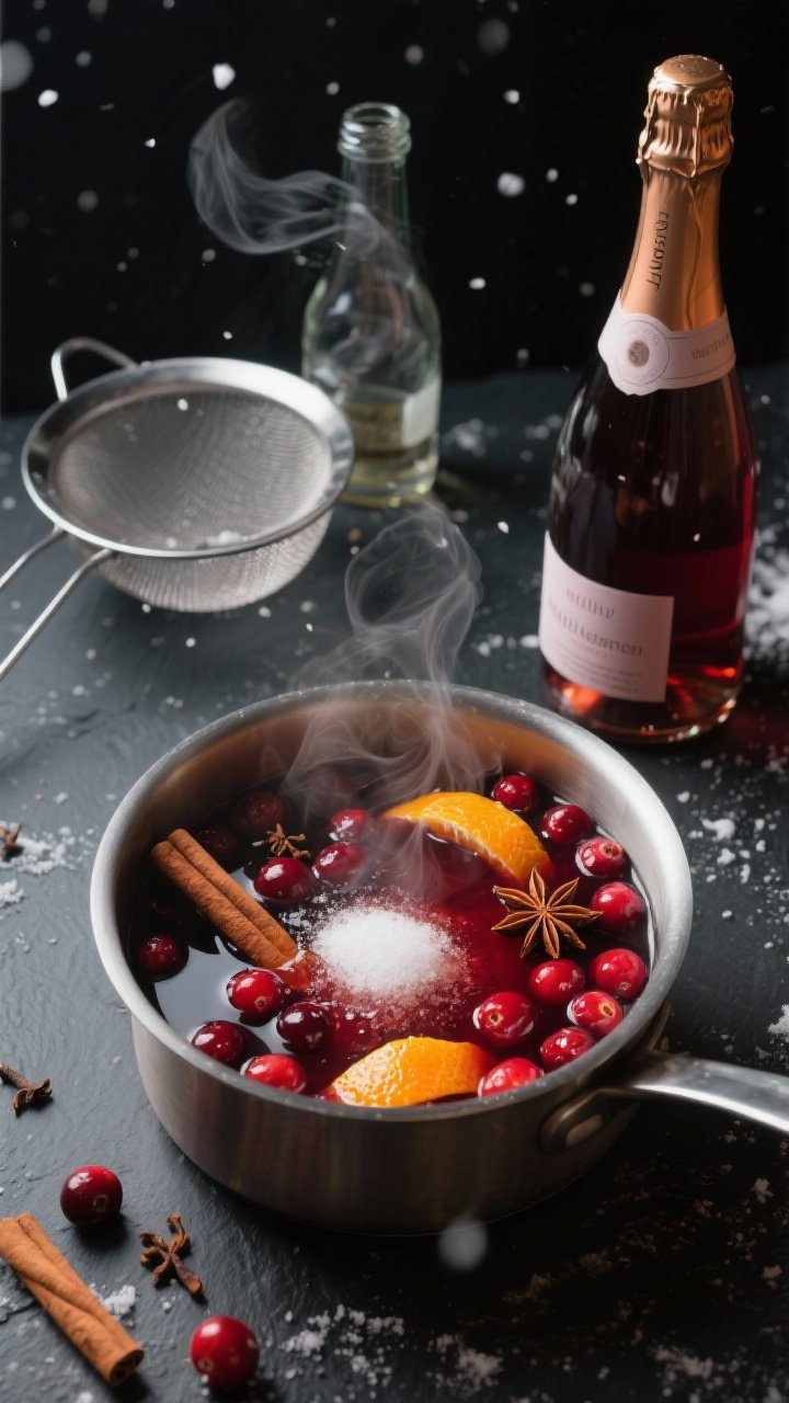 Straight-on, moody process scene for Mulled Cranberry Bubbles: a saucepan on a dark slate surface simmering 100% cranberry juice, water, and sugar with visible cinnamon stick, whole cloves, orange zest strips, and a star anise pod. Steam curls upward; a fine-mesh strainer, empty bottle for the spiced syrup, and a chilled bottle of sparkling wine waiting nearby. Warm, cozy lighting evokes snowy-night ambiance, rich crimson syrup glistening.