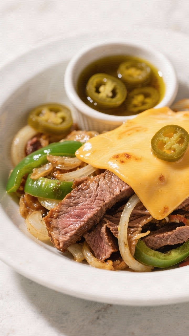 Straight-on plated presentation of a zesty pepperoncini cheesesteak bowl: ribbons of seared shaved ribeye layered with translucent, lightly caramelized onion, green bell pepper, and glossy slices of mild pepperoncini, finished with a few tablespoons of pepperoncini brine for sheen; provolone blankets melted over the top, slightly blistered and stretchy at the edges; served in a shallow white bowl with a small ramekin of extra brine and a few raw pepperoncini rings as garnish; bright, zesty mood with crisp highlights.