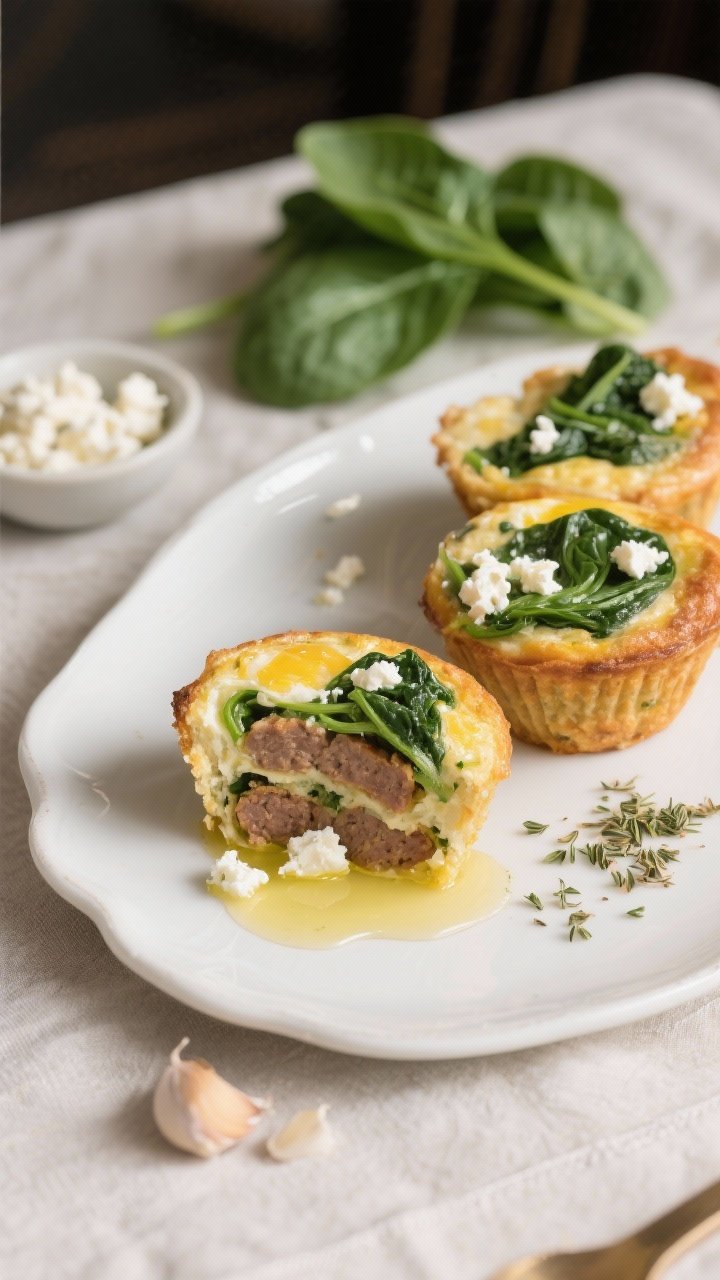 Straight-on plated presentation of Florentine-Style Sausage, Spinach & Feta egg muffins on a white ceramic platter. The muffins are sliced to reveal layers of mild pork sausage, tender chopped baby spinach ribbons, and pockets of crumbled feta. A drizzle brush of olive oil on the plate and a sprinkle of dried oregano and minced garlic near the foreground reinforce flavors. Soft, elegant light on a pale linen with a small bowl of extra feta crumbles and fresh spinach leaves in the background for a refined, “bistro brunch” mood.