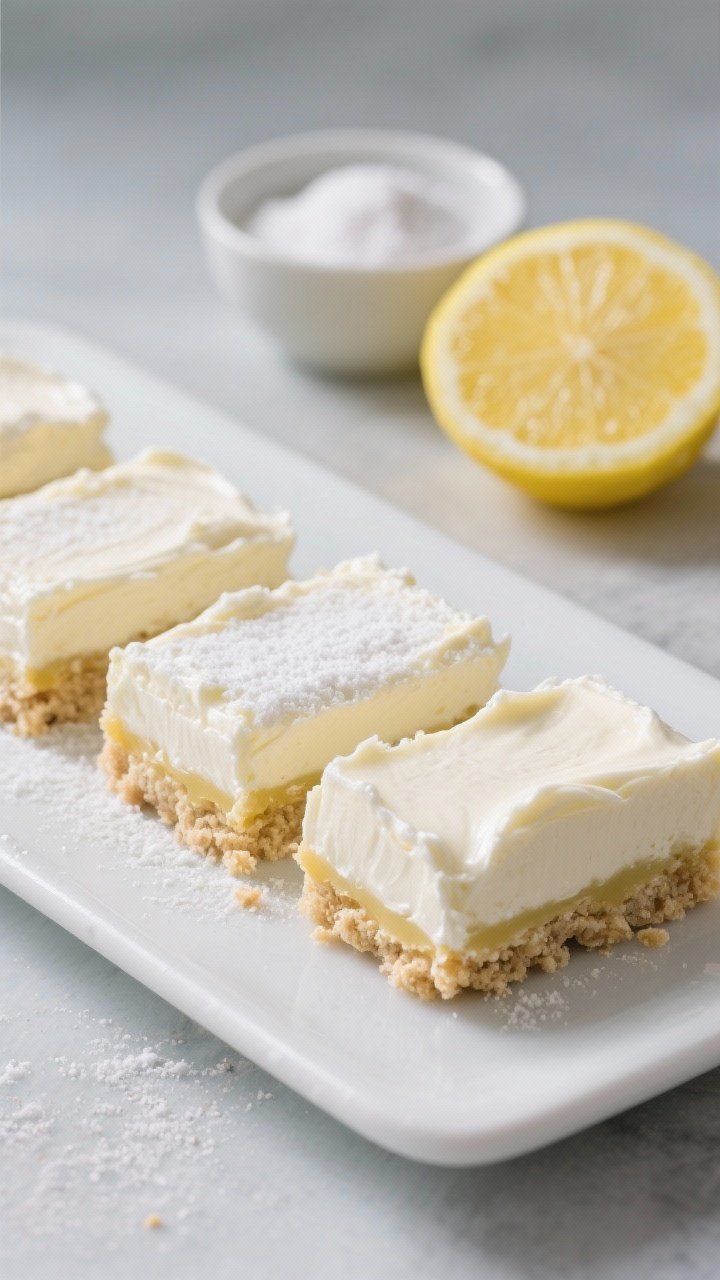 Straight-on plated presentation of No-Bake Lemon Cloud Bars: thick, airy lemon-cream layer made with softened cream cheese and powdered allulose over a chilled almond-flour butter crust (almond flour, melted unsalted butter, powdered allulose, fine sea salt, vanilla). Bars arranged on a matte white rectangular plate with sharp, clean edges; faint condensation hinting at a chilled dessert. Include a small bowl of powdered allulose and a halved lemon in the background, cool-toned styling, silky texture highlighted.