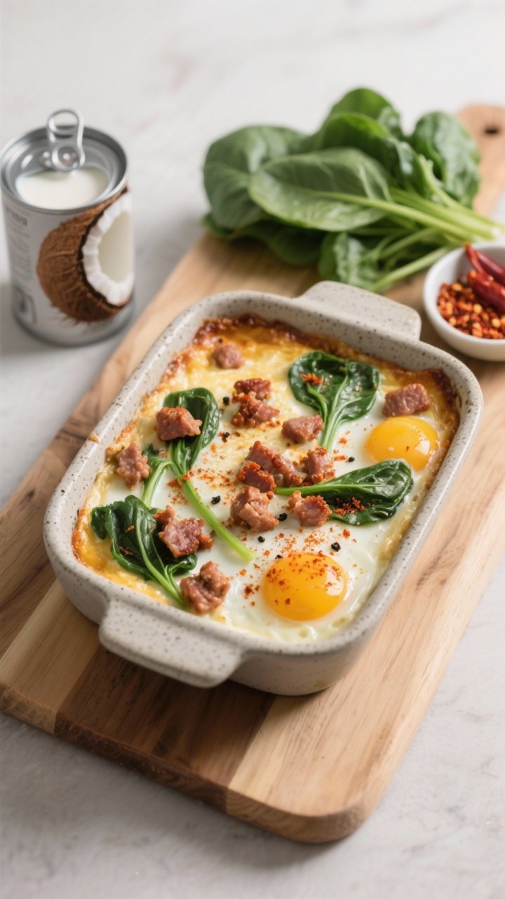 Straight-on shot of a dairy-light casserole baked in a matte stoneware pan: spicy pork sausage crumbles dotting a tender egg set enriched with full-fat coconut milk, with wilted spinach streaks and a light golden top. Garnished with a dusting of ground spices (paprika and black pepper), set on a natural wood board with a can of coconut milk (opened), a bunch of spinach, and a small dish of chili flakes to hint at heat. Clean, modern styling, soft side lighting.