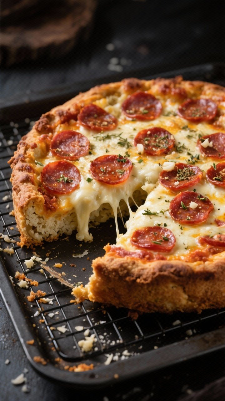 Straight-on shot of a Pepperoni Cauliflower “Deep Dish” Keto Pizza Casserole with crispy edges: thick, well-drained riced cauliflower crust bound with eggs, Parmesan, and mozzarella, edges deeply browned and crackly; top layer of melted mozzarella crowned with neatly layered pepperoni slices, sprinkled with Italian seasoning and garlic powder; a slice lifted to show the tall, sturdy crust and stretchy cheese pull; placed on a dark baking sheet with a cooling rack, crumbs and grated Parmesan scattered; dramatic contrast lighting to emphasize texture.