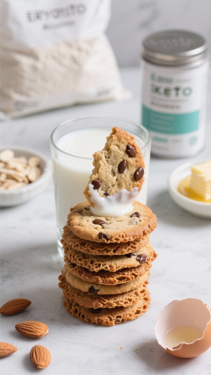Straight-on shot of a stack of thin, crispy-edge, chewy-center keto cookies ready for dunking, with one cookie half-dipped into a glass of unsweetened almond milk. Highlight lacy, caramelized edges and flat, even surfaces with visible chocolate chips. Include styled ingredient hints in the background: blanched almond flour bag, erythritol/allulose blend canister, baking powder, melted unsalted butter in a small dish, and a cracked egg shell. Clean, modern set with cool tones and crisp contrast.