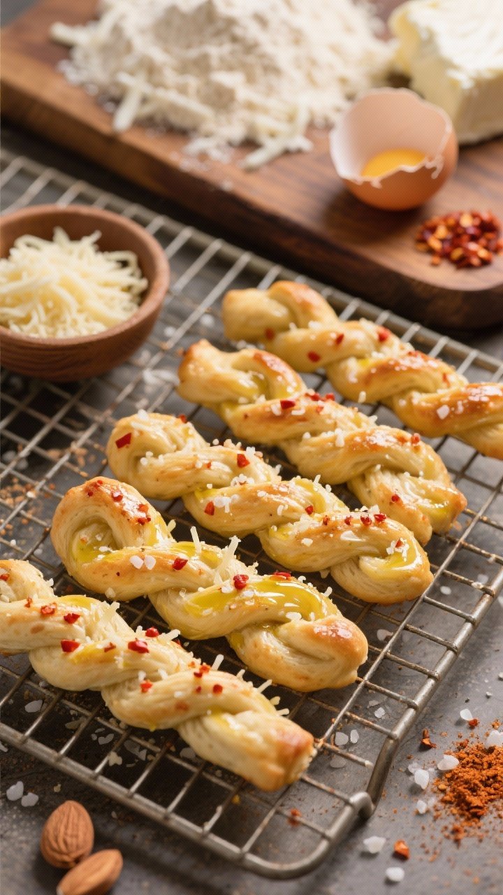 Straight-on shot of Garlic-Parmesan Knot Sticks arranged on a wire rack, each knot glistening with garlic butter and sprinkled generously with grated Parmesan and red chili flakes. Fine sea salt crystals and a whisper of onion powder garnish can be seen on the surface. A small bowl of extra grated Parmesan and a pinch dish of chili flakes sit nearby. Background shows a wooden board with a tidy pile of almond flour, shredded mozzarella, cream cheese, and a cracked egg shell to imply the fathead dough base. Sharp focus on the knot textures and chili sparkle, with a shallow depth of field.