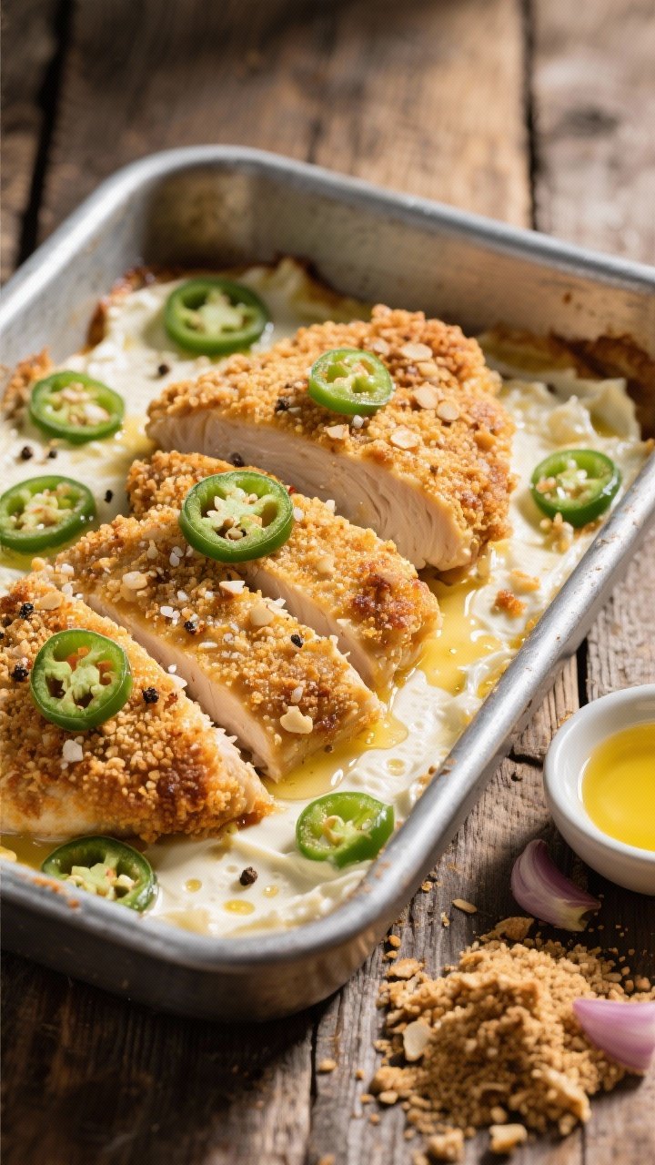 Straight-on shot of the Crispy “Breadcrumb” Keto Jalapeño Popper Chicken Bake highlighting texture: even-thickness chicken breasts brushed with melted butter, seasoned with kosher salt, pepper, and onion powder, baked under a cream cheese layer and finished with a golden, crunchy keto “breadcrumb” topping (crushed pork rinds/almond flour) and jalapeño rounds. The crumb topping is crisp and deeply browned with visible flecks; the cream cheese peeks through in bubbles. Served in a rectangular metal pan on a rustic wooden table; side elements include a small dish of melted butter, onion powder, and a pile of crushed keto crumbs; bright directional light to emphasize crunch.